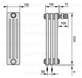 Схема (чертеж) Радиатор Zehnder Charleston 4120/3 №V008 Белый глянцевый RAL 9016